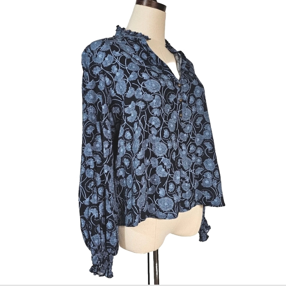 Maeve Navy Floral Ruffle-Neck Button Blouse - Picture 5 of 16